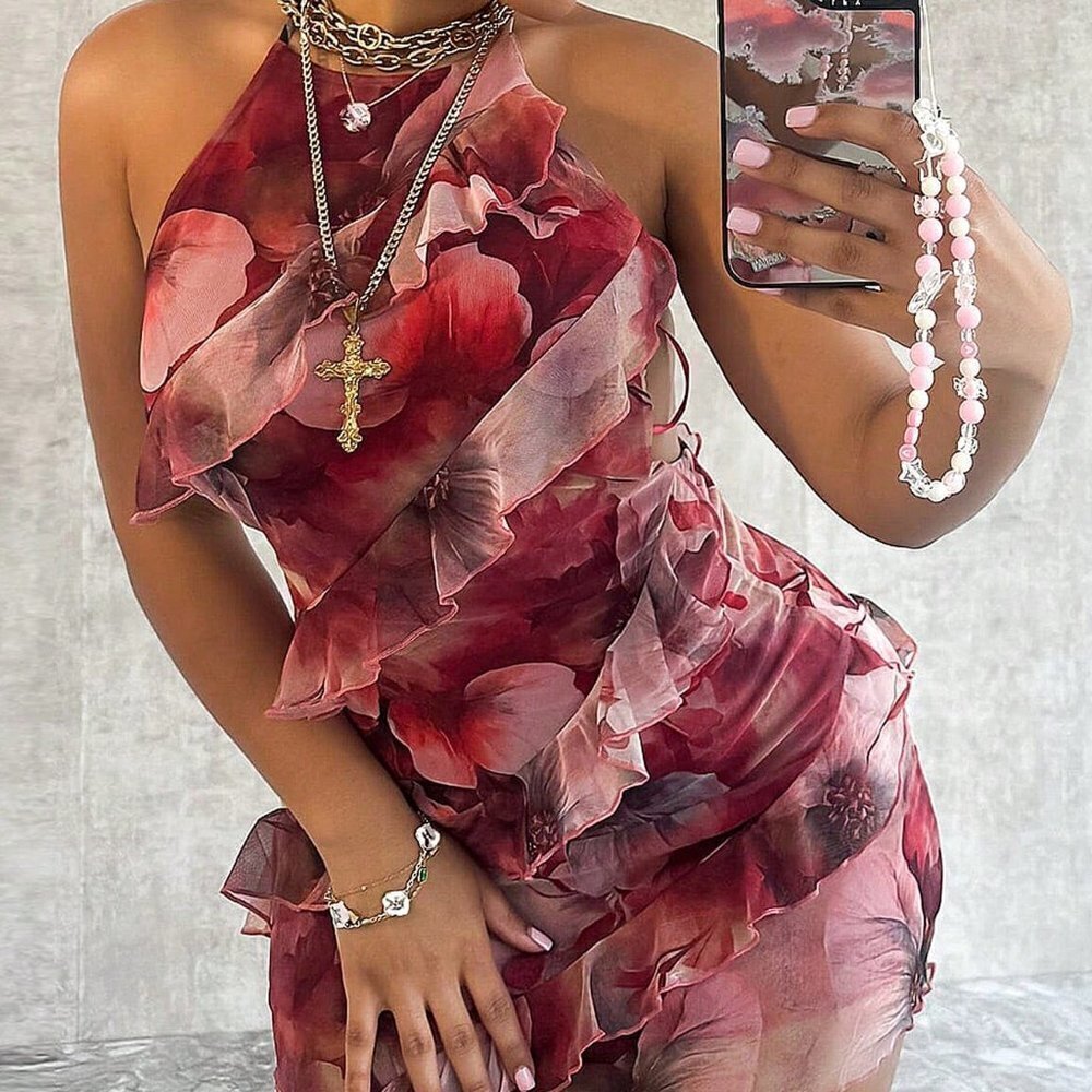 Red Women's Halter Neck Backless Strap Suspenders Hip Ruffle Mini Dress